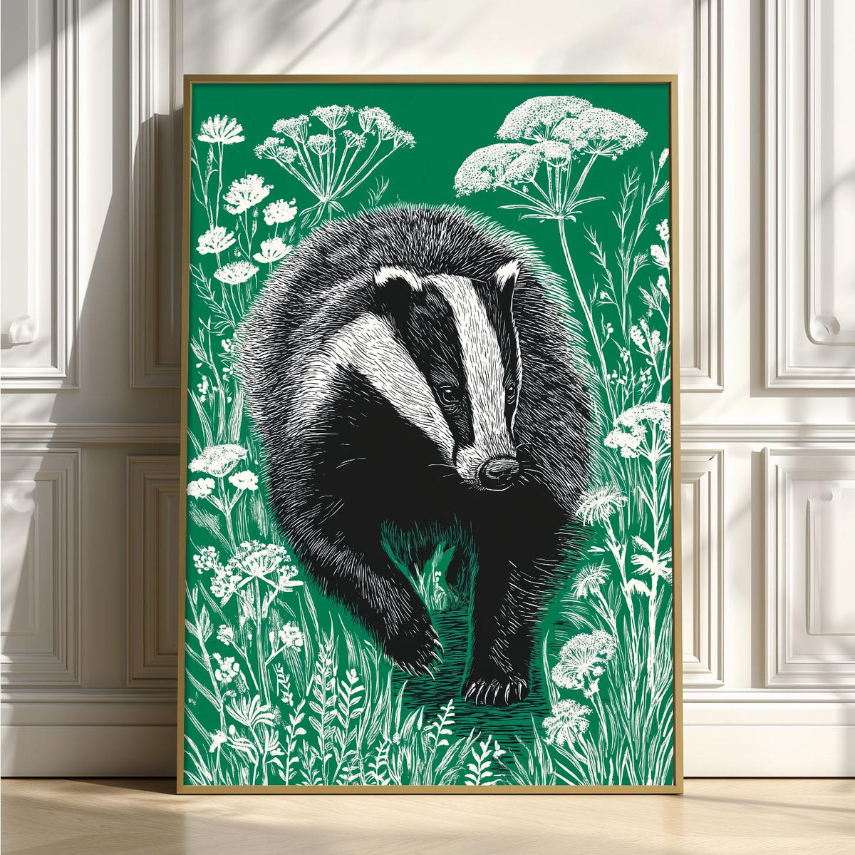 Green Badger Poster | Linocut Wildlife Art | Woodland Folk Illustration