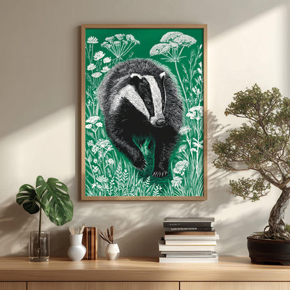 Green Badger Poster | Linocut Wildlife Art | Woodland Folk Illustration