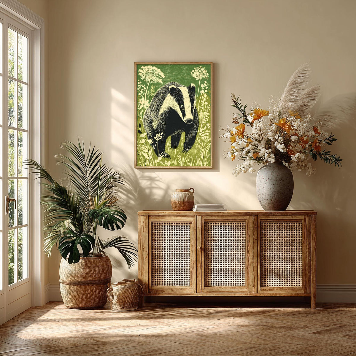 Badger Poster, Woodland Animal Art Print, Botanical Nature Illustration