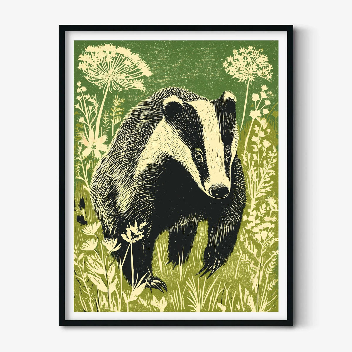 Badger Poster, Woodland Animal Art Print, Botanical Nature Illustration