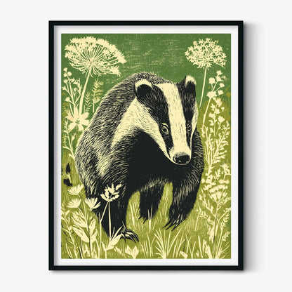 Badger Poster, Woodland Animal Art Print, Botanical Nature Illustration