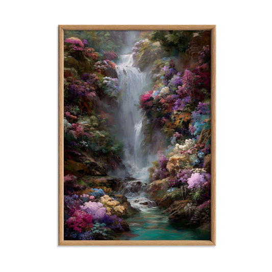 Floral Waterfall Poster | Colourful Landscape Art Print | Botanical Wall Art | Nature Decor
