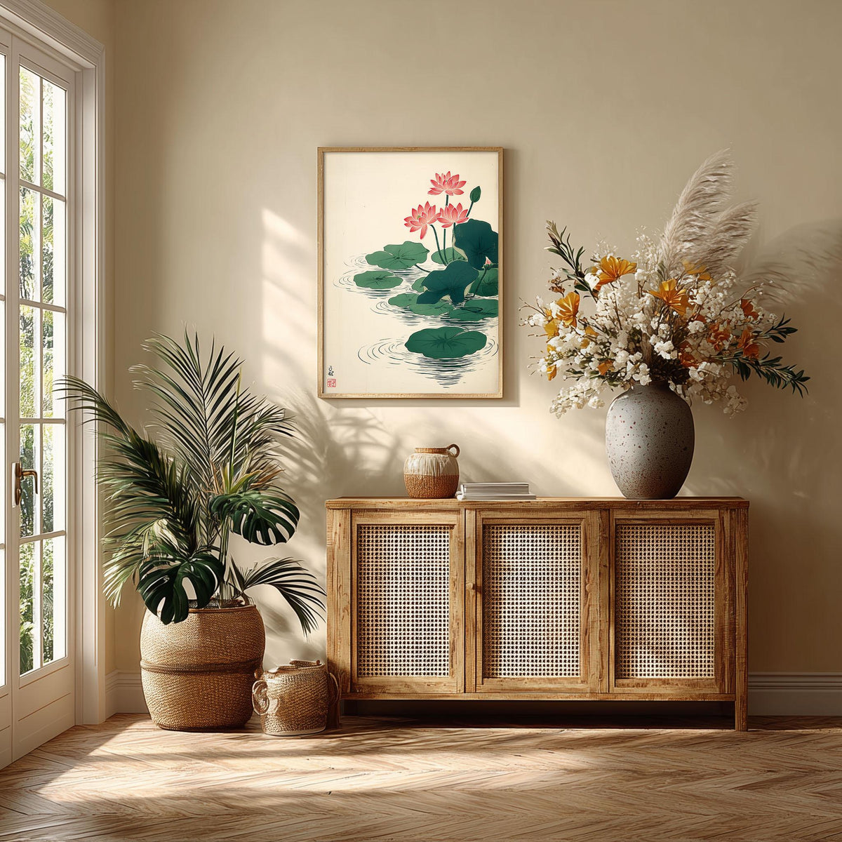 Lotus Flower Art Print, Japanese Botanical Poster, Pink Floral Wall Art, Zen Decor