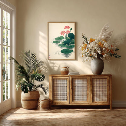 Lotus Flower Art Print, Japanese Botanical Poster, Pink Floral Wall Art, Zen Decor