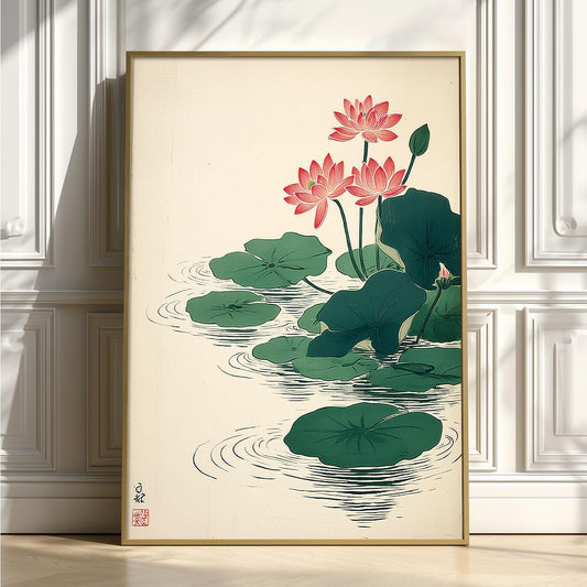 Lotus Flower Art Print, Japanese Botanical Poster, Pink Floral Wall Art, Zen Decor