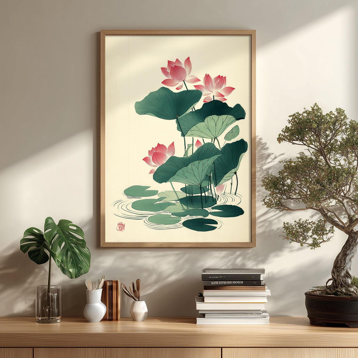 Lotus Flower Poster, Japanese Botanical Art Print, Floral Wall Art, Zen Bathroom Decor