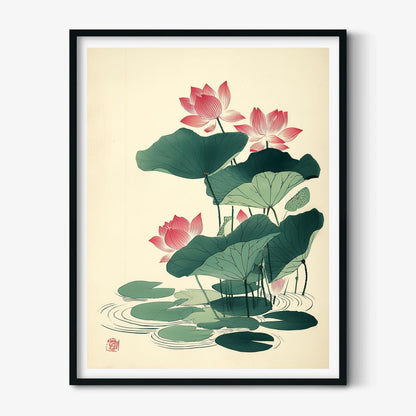 Lotus Flower Poster, Japanese Botanical Art Print, Floral Wall Art, Zen Bathroom Decor