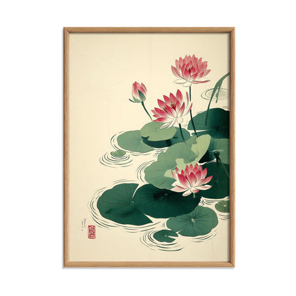 Pink Lotus Art Print, Japanese Botanical Poster, Floral Wall Art, Zen Bathroom Decor