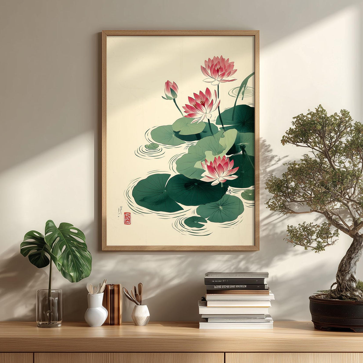 Pink Lotus Art Print, Japanese Botanical Poster, Floral Wall Art, Zen Bathroom Decor