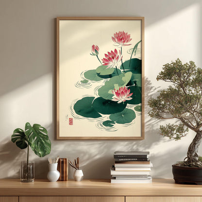 Pink Lotus Art Print, Japanese Botanical Poster, Floral Wall Art, Zen Bathroom Decor