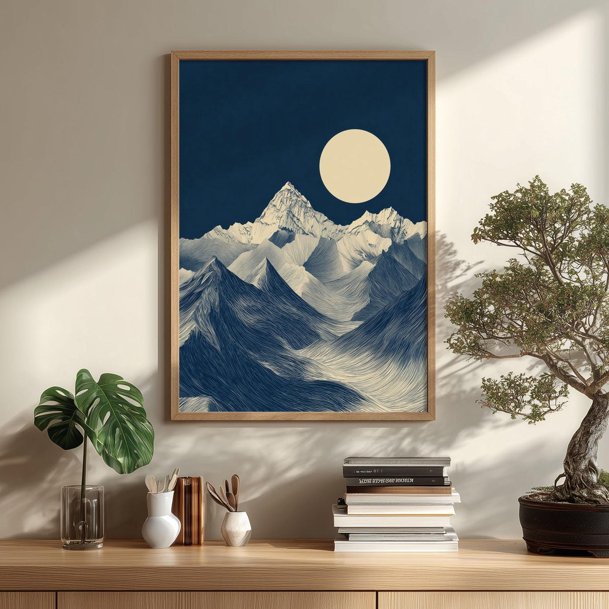 Blue Mountain Poster | Minimalist Landscape Art Print | Moon Wall Art | Nature Decor