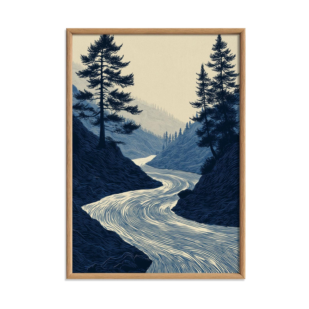 Winding River Art Print, Blue Forest Poster, Pine Tree Wall Art, Nature Decor