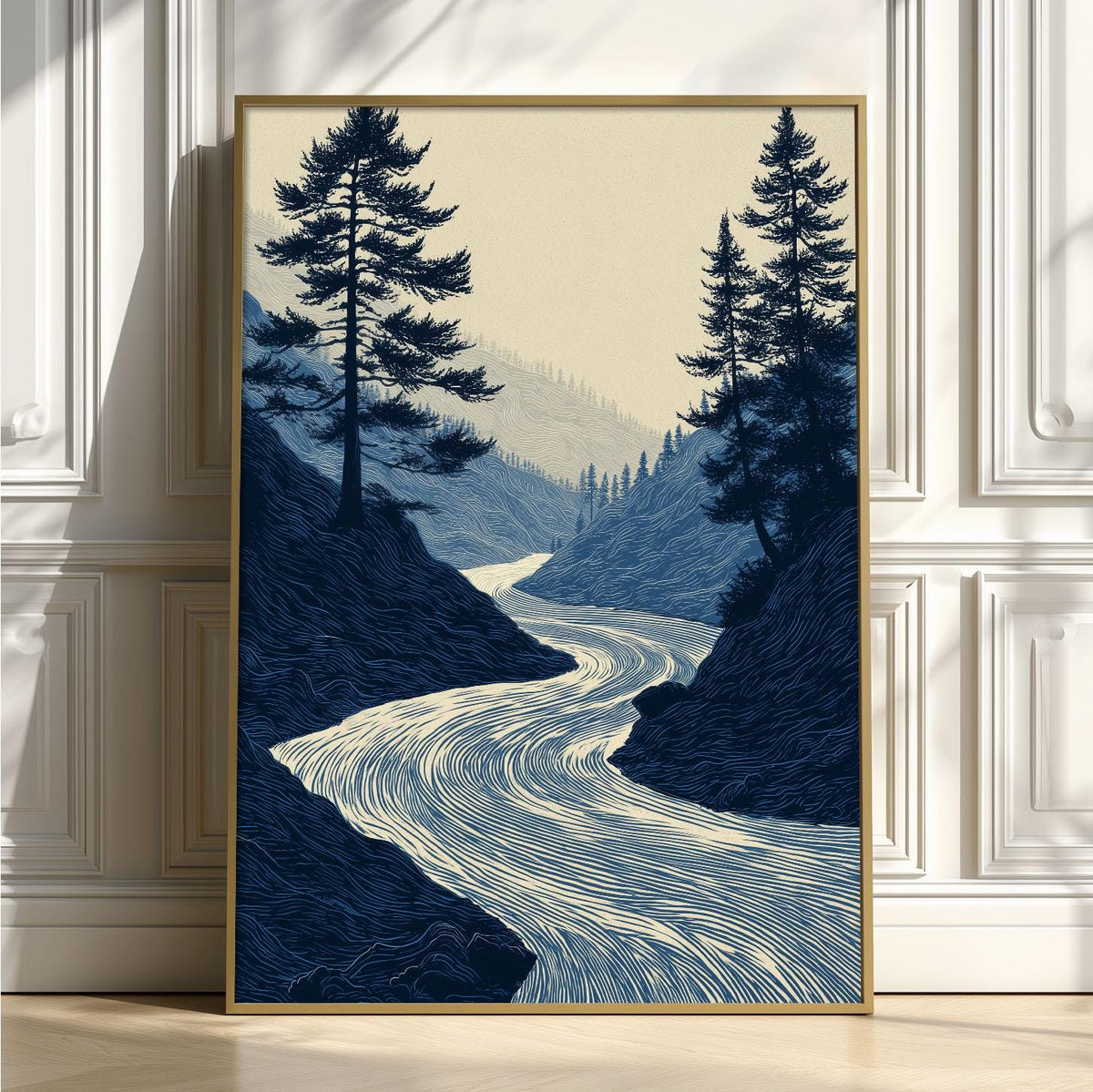 Winding River Art Print, Blue Forest Poster, Pine Tree Wall Art, Nature Decor