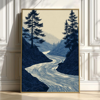 Winding River Art Print, Blue Forest Poster, Pine Tree Wall Art, Nature Decor