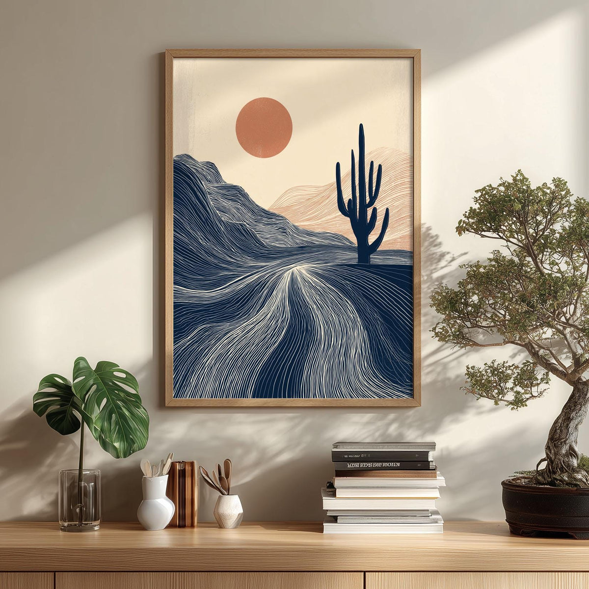 Winding River Poster | Blue Forest Art Print | Linocut Landscape Wall Art | Nature Decor