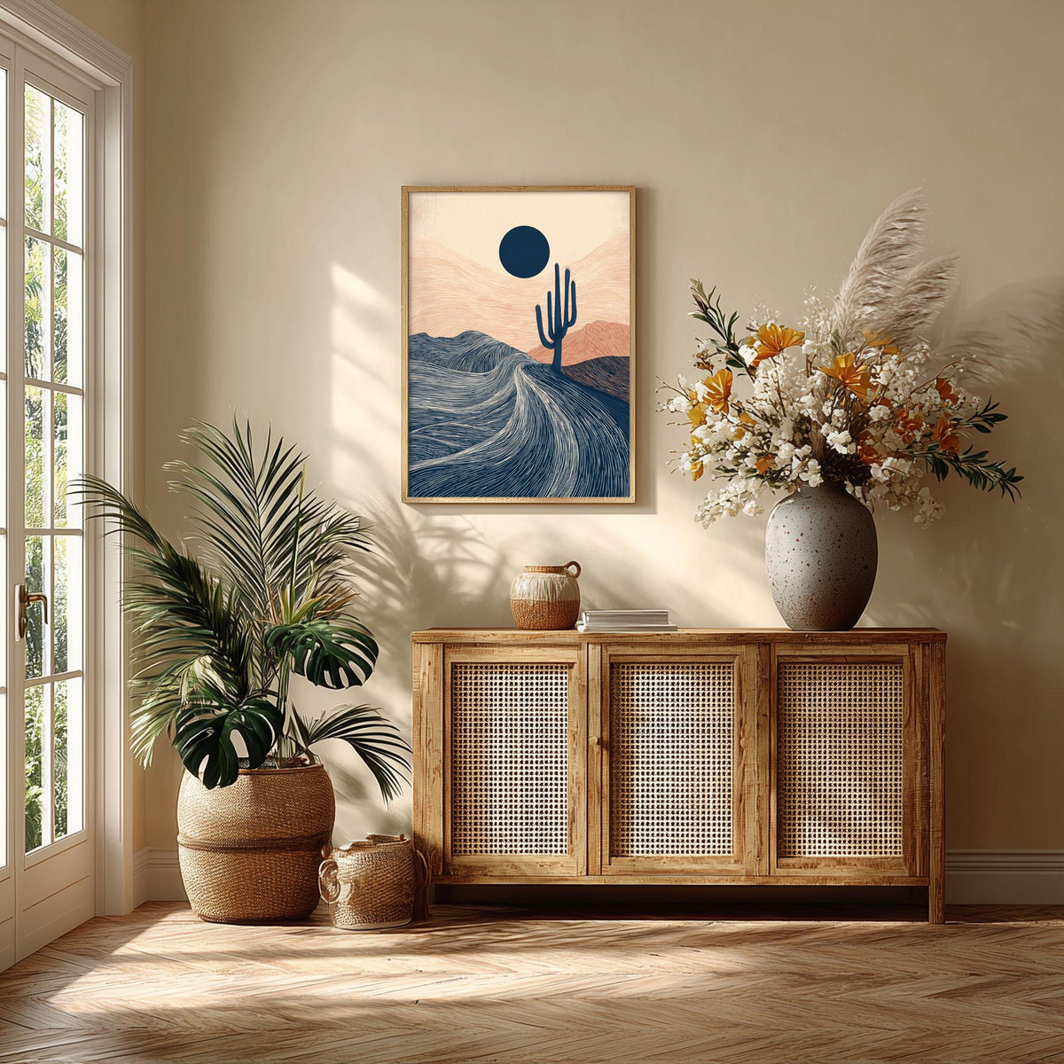 Desert Cactus Poster, Minimalist Landscape Art Print, Southwestern Wall Art, Boho Decor