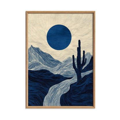 Blue Desert Poster | Cactus Landscape Art Print, Navy Mountain Wall Art | Minimalist Decor