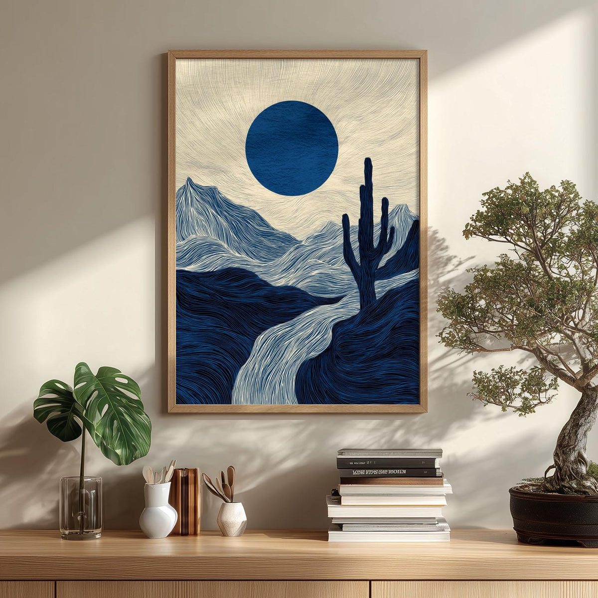 Blue Desert Poster | Cactus Landscape Art Print, Navy Mountain Wall Art | Minimalist Decor