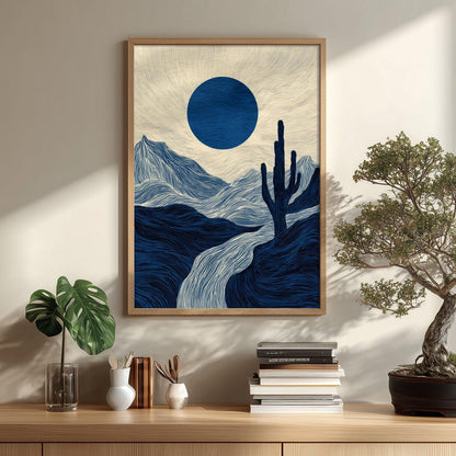 Blue Desert Poster | Cactus Landscape Art Print, Navy Mountain Wall Art | Minimalist Decor