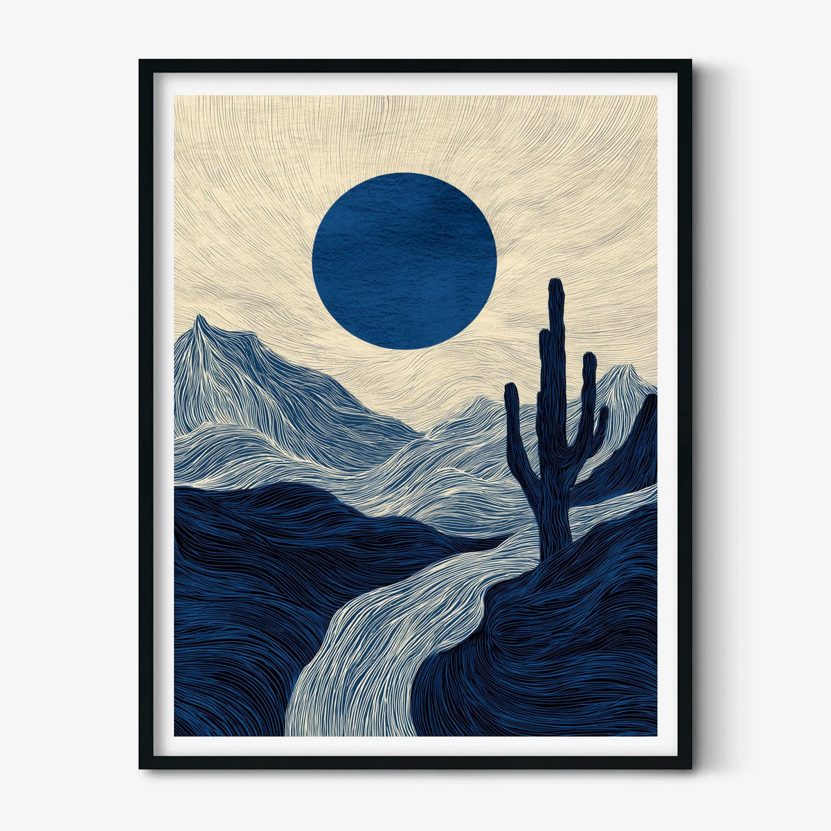 Blue Desert Poster | Cactus Landscape Art Print, Navy Mountain Wall Art | Minimalist Decor