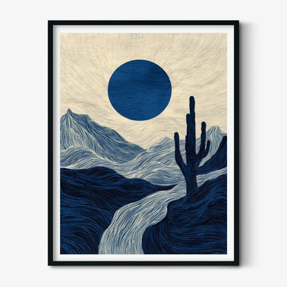 Blue Desert Poster | Cactus Landscape Art Print, Navy Mountain Wall Art | Minimalist Decor