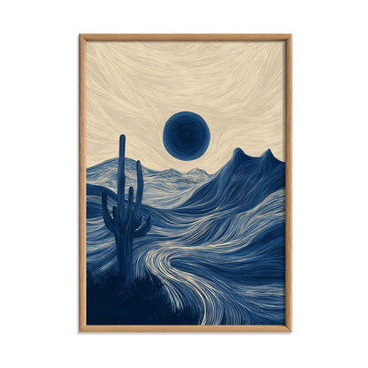 Blue Desert Cactus Poster | Minimalist Landscape Art Print, Navy Wall Art | Boho Decor