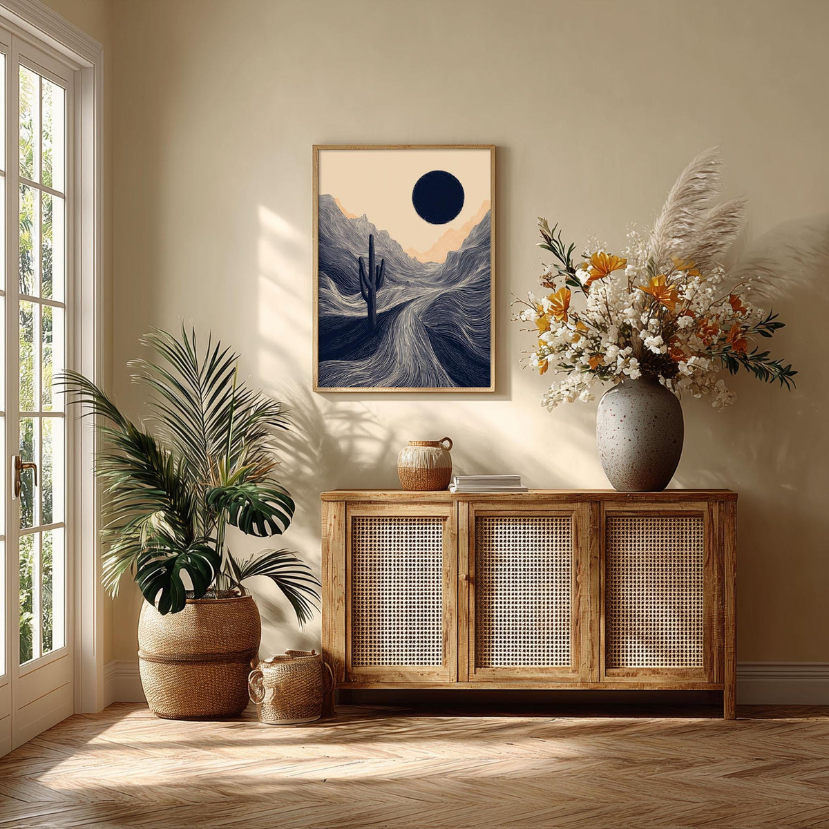 Desert Cactus Poster | Minimalist Landscape Art Print, Navy Wall Art | Boho Desert Decor