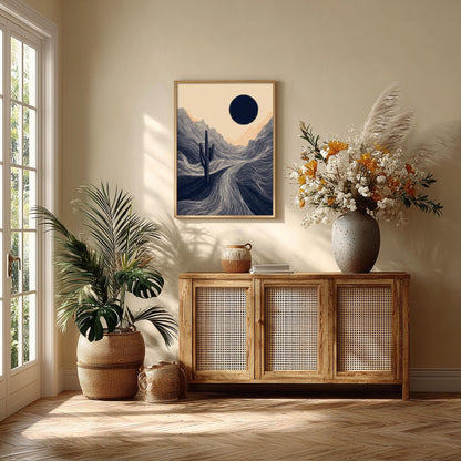 Desert Cactus Poster | Minimalist Landscape Art Print, Navy Wall Art | Boho Desert Decor