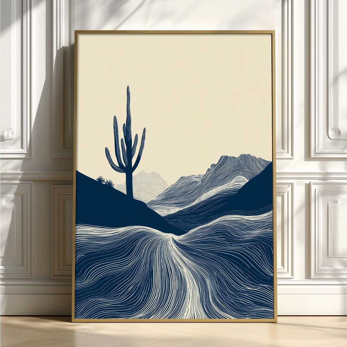 Desert Cactus Wall Art | Minimalist Landscape Poster, Navy Blue Art Print | Southwest Decor