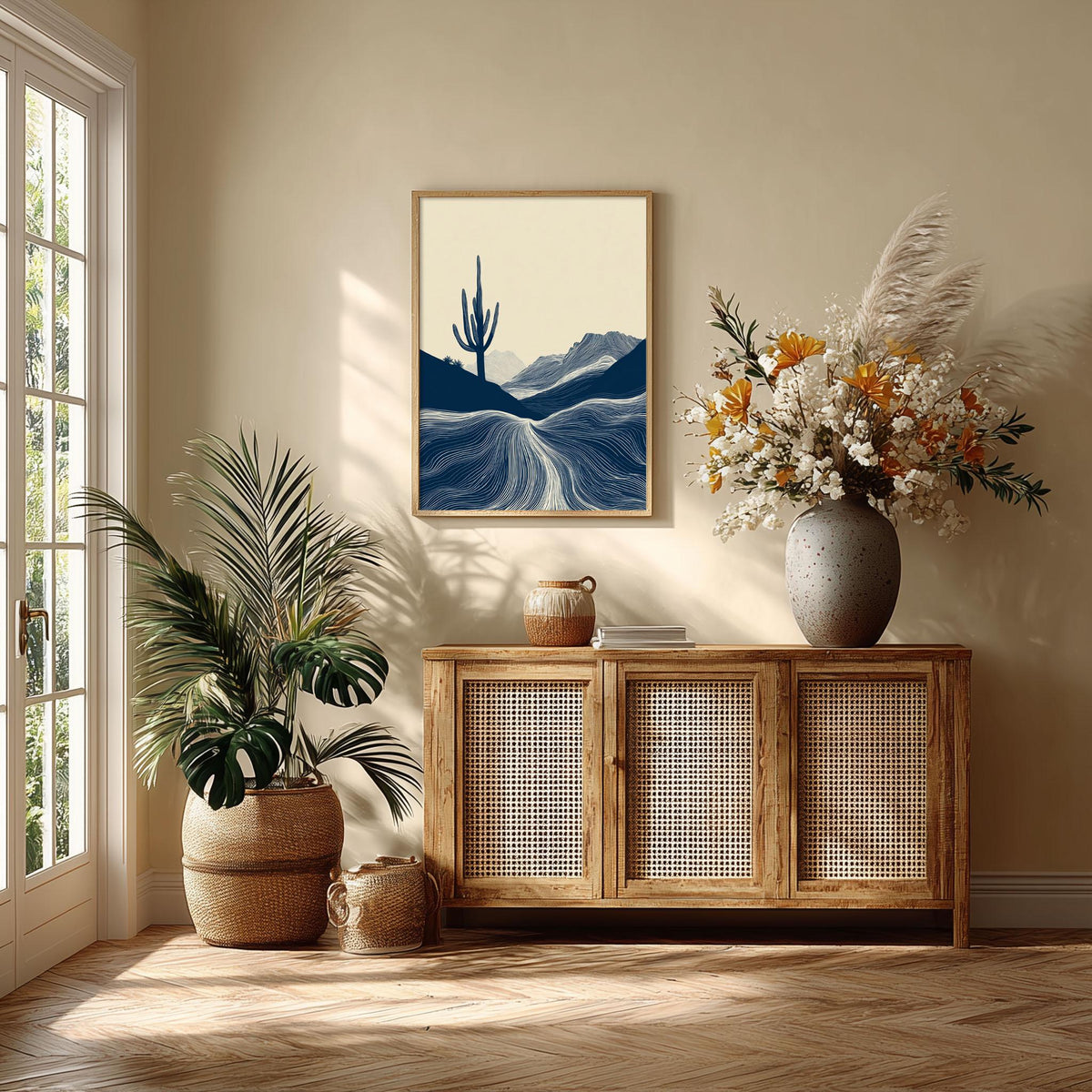 Desert Cactus Wall Art | Minimalist Landscape Poster, Navy Blue Art Print | Southwest Decor