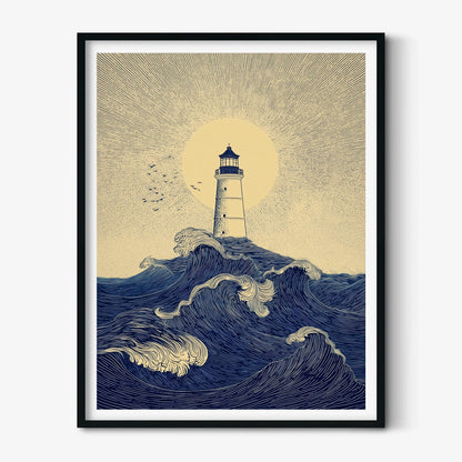 Lighthouse Ocean Poster | Nautical Wave Art Print, Coastal Wall Art | Seaside Beach House Decor