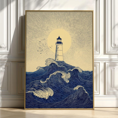 Lighthouse Ocean Poster | Nautical Wave Art Print, Coastal Wall Art | Seaside Beach House Decor