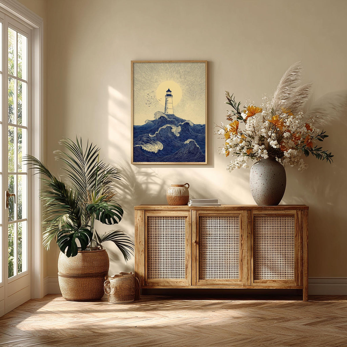 Lighthouse Ocean Poster | Nautical Wave Art Print, Coastal Wall Art | Seaside Beach House Decor