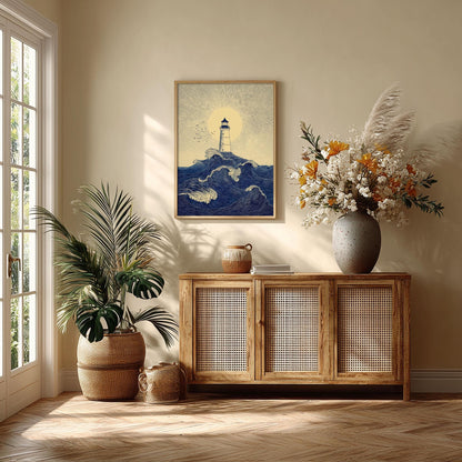 Lighthouse Ocean Poster | Nautical Wave Art Print, Coastal Wall Art | Seaside Beach House Decor