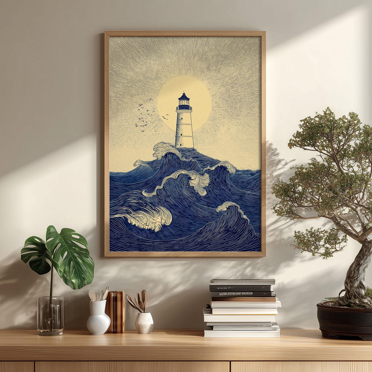 Lighthouse Ocean Poster | Nautical Wave Art Print, Coastal Wall Art | Seaside Beach House Decor