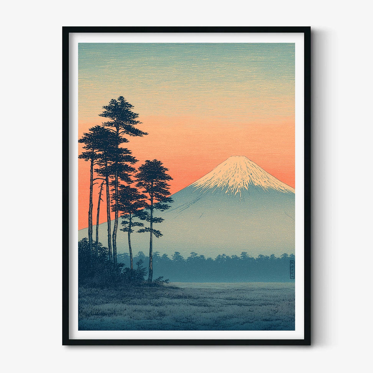 Mount Fuji Poster | Japanese Landscape Art Print, Pine Tree Wall Art | Sunset Print