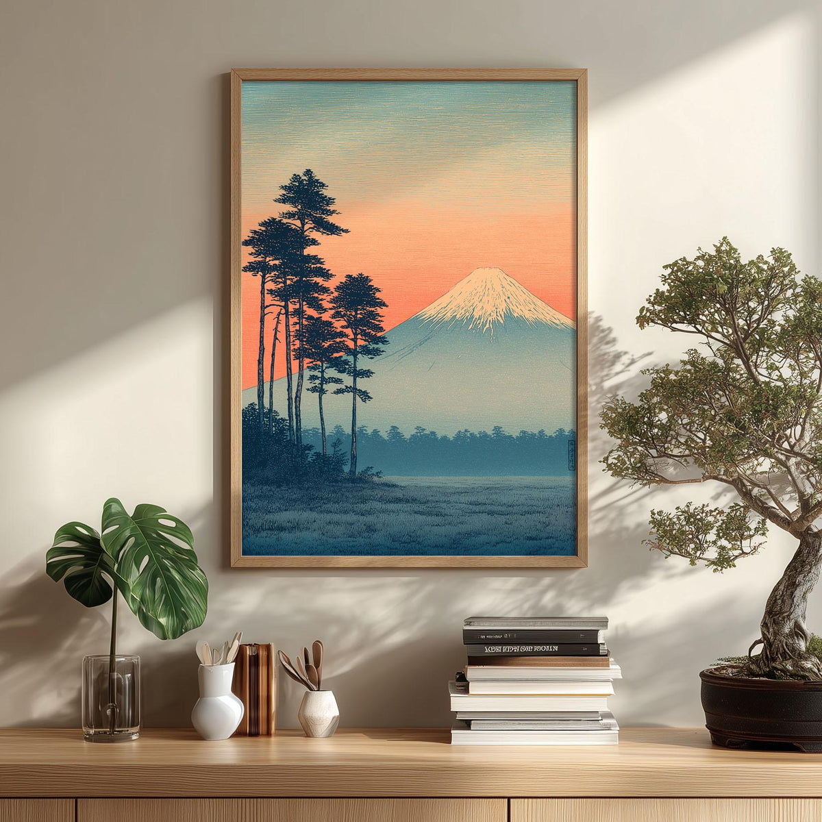 Mount Fuji Poster | Japanese Landscape Art Print, Pine Tree Wall Art | Sunset Print