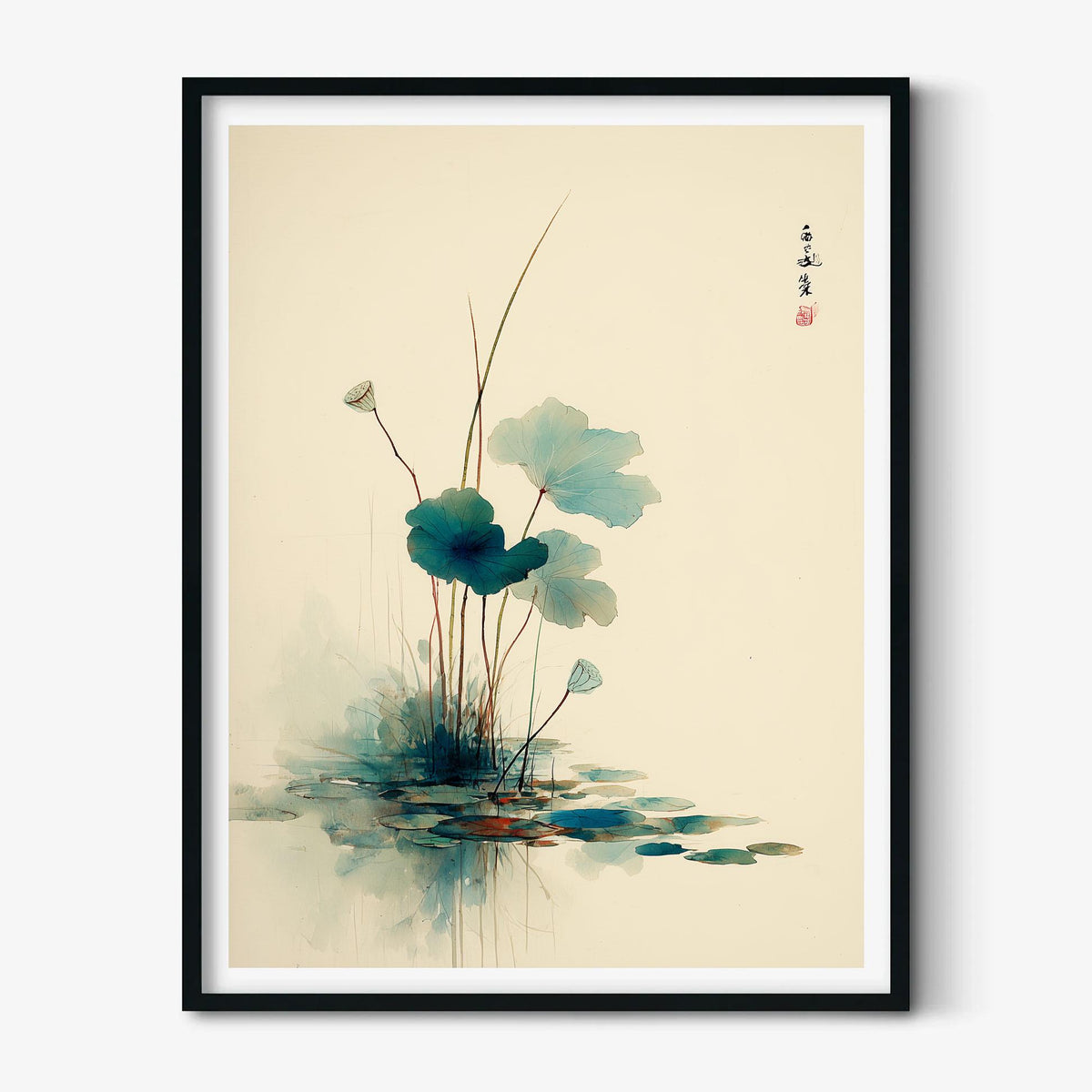 Lotus Pond Art Print | Japanese Botanical Poster, Minimalist Wall Art | Zen Watercolour Decor