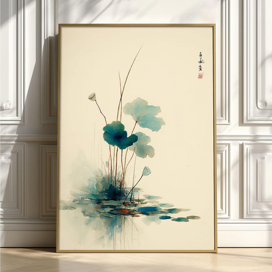 Lotus Pond Art Print | Japanese Botanical Poster, Minimalist Wall Art | Zen Watercolour Decor