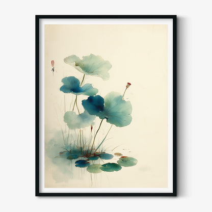 Blue Lotus Wall Art | Japanese Botanical Poster, Minimalist Art Print | Zen Watercolour Decor