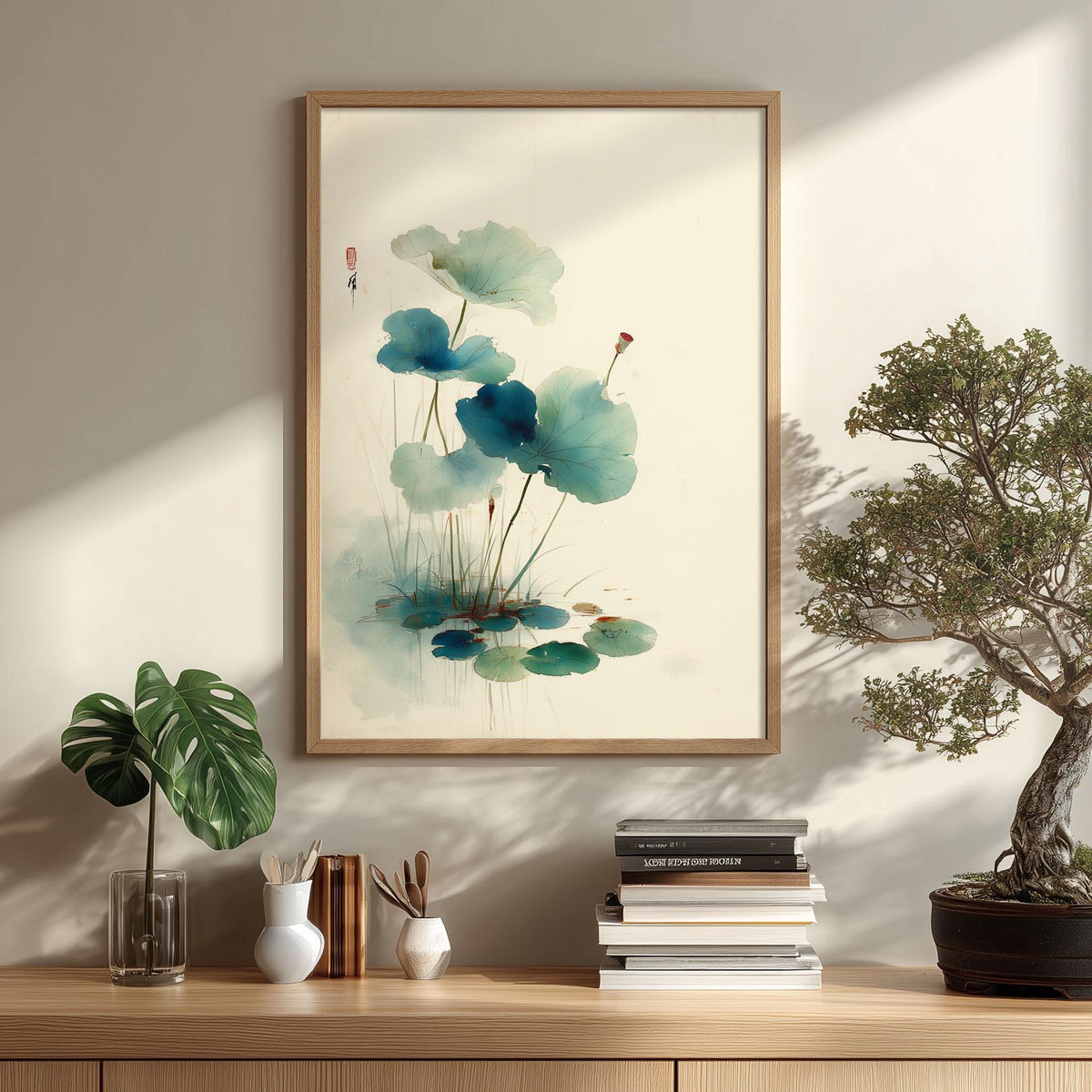 Blue Lotus Wall Art | Japanese Botanical Poster, Minimalist Art Print | Zen Watercolour Decor