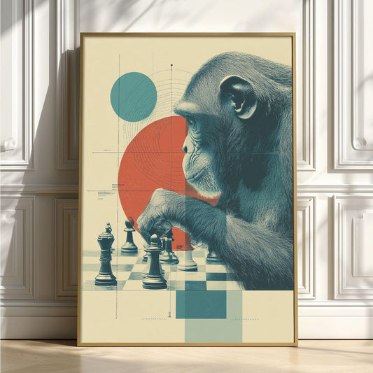 Chimpanzee Chess Poster | Monkey Art Print, Modern Wall Art | Game Room Decor