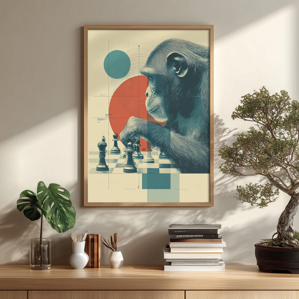Chimpanzee Chess Poster | Monkey Art Print, Modern Wall Art | Game Room Decor