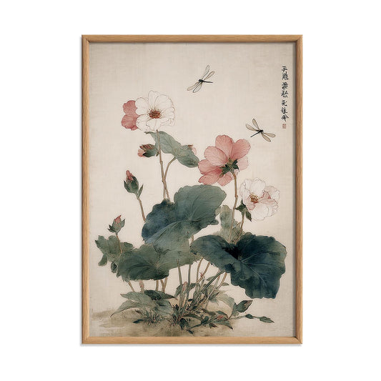 Pink Flower Art Print | Japanese Botanical Poster, Dragonfly Wall Art | Vintage Floral Decor