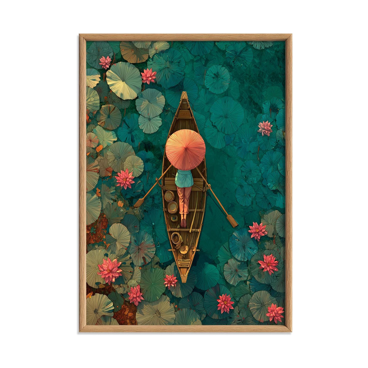 Lotus Boat Poster | Overhead Lake Art Print, Teal Wall Art | Asian Botanical Print