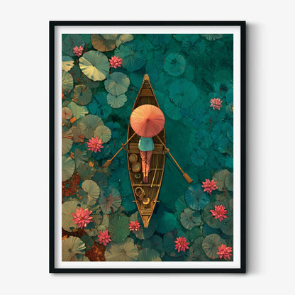 Lotus Boat Poster | Overhead Lake Art Print, Teal Wall Art | Asian Botanical Print