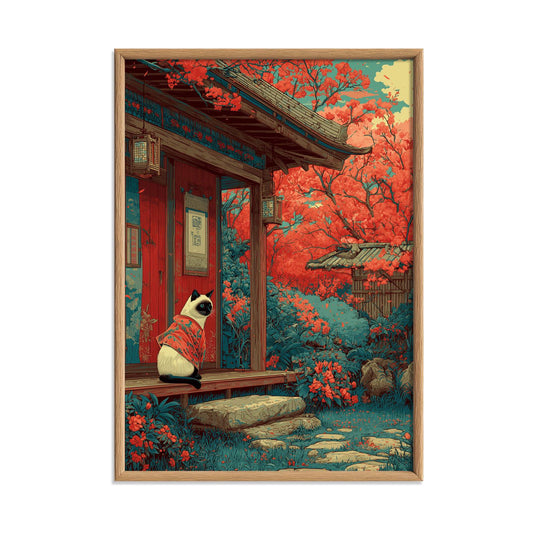 Siamese Cat Poster | Japanese Garden Art Print, Cherry Blossom Wall Art | Kimono Cat Decor