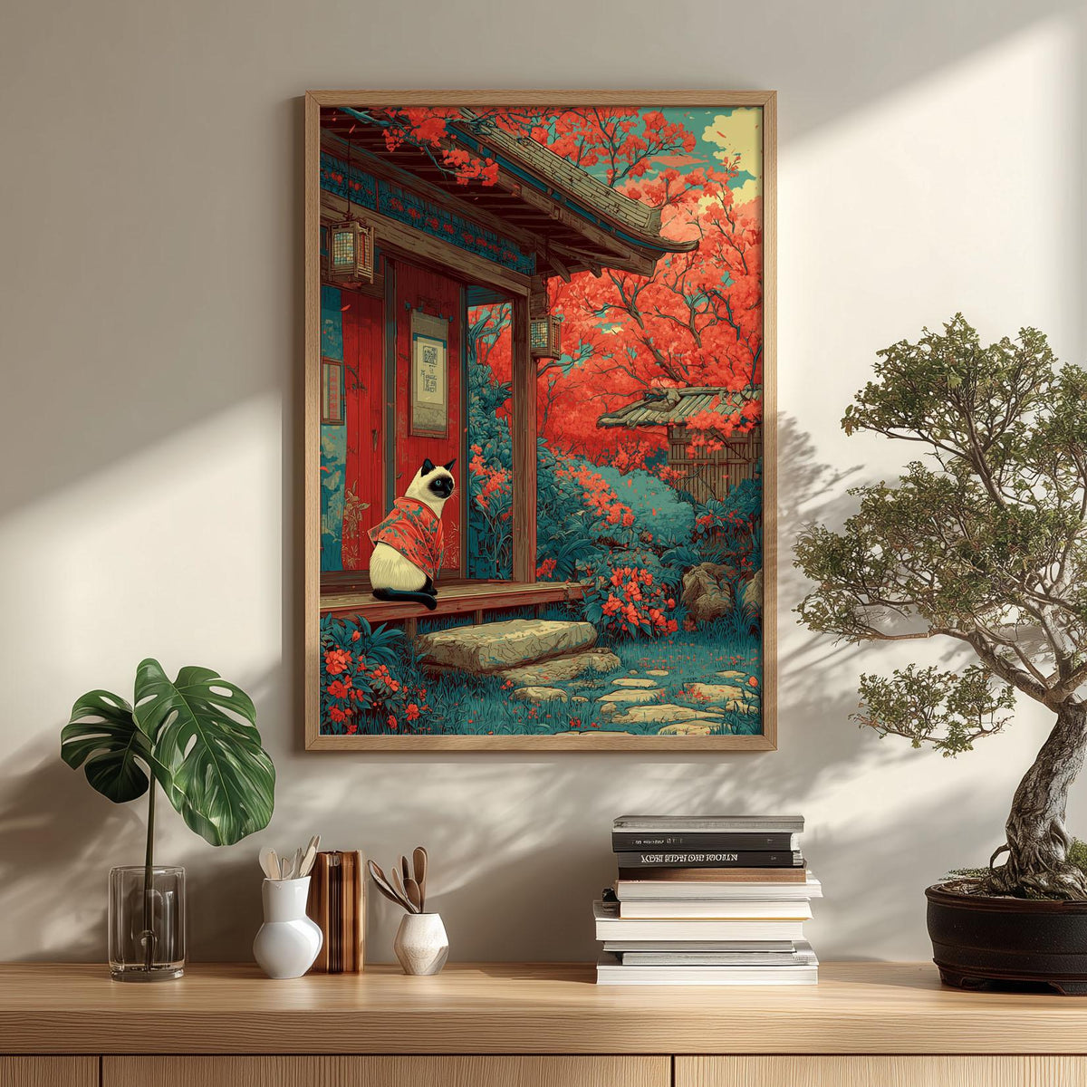 Siamese Cat Poster | Japanese Garden Art Print, Cherry Blossom Wall Art | Kimono Cat Decor