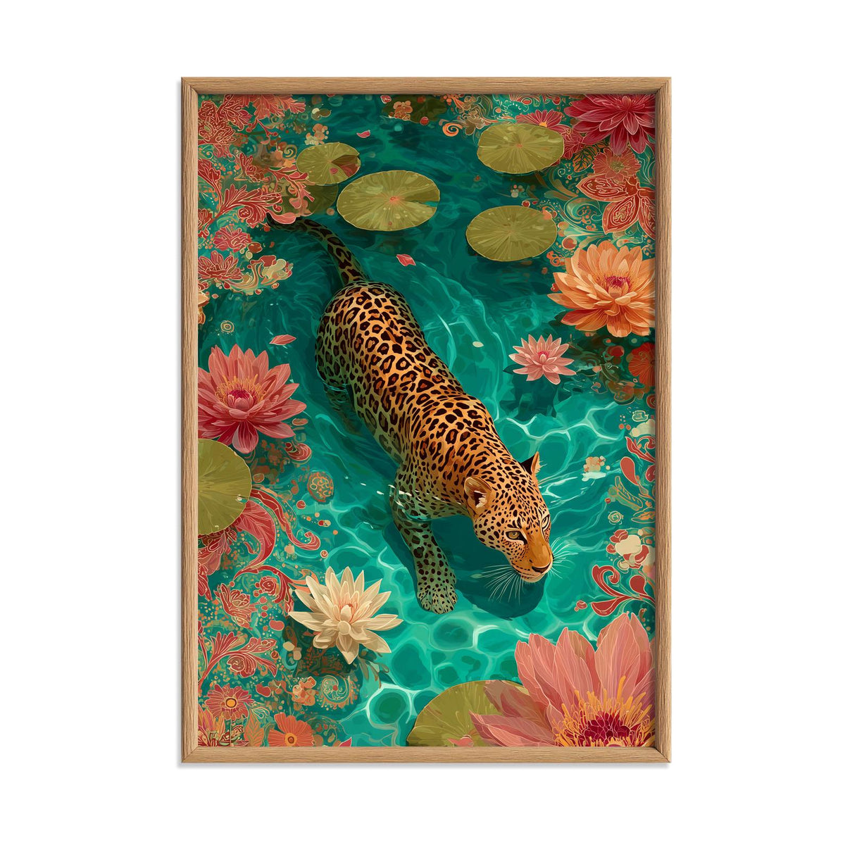Swimming jaguar Poster | Lotus Pond Art Print, Tropical Wall Art | Colourful Jungle Decor