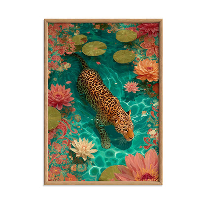 Swimming jaguar Poster | Lotus Pond Art Print, Tropical Wall Art | Colourful Jungle Decor